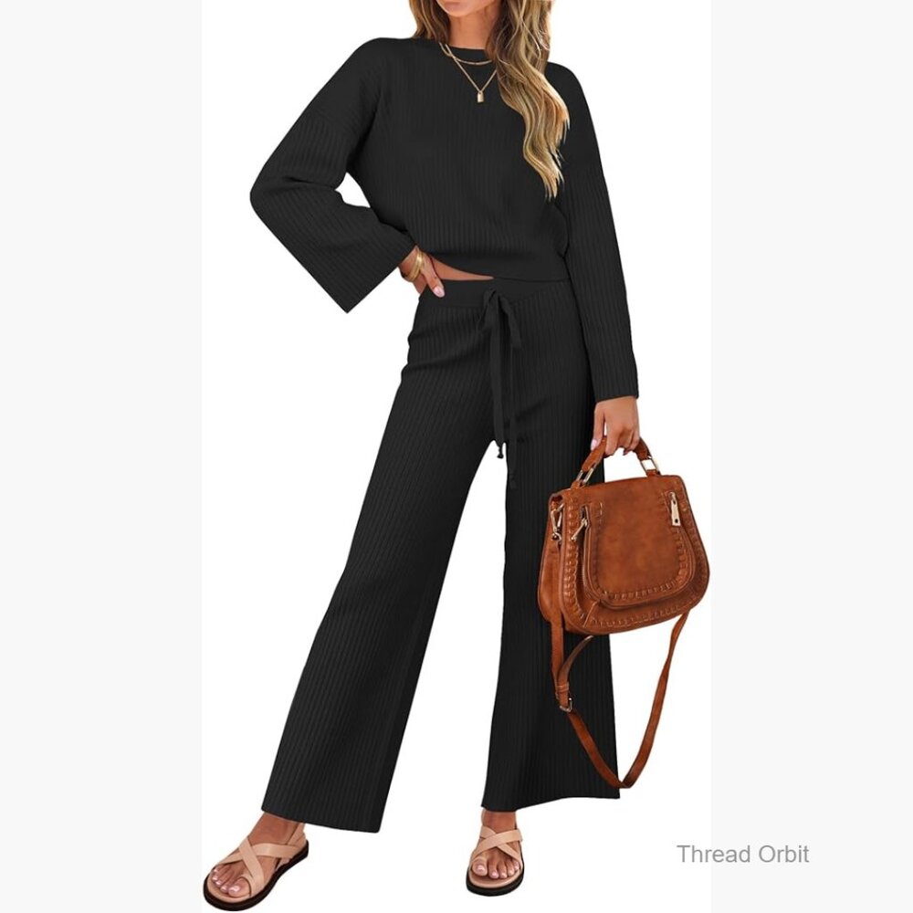Long Sleeve Knit Pullover Top and Wide Leg Pants Lounge Set